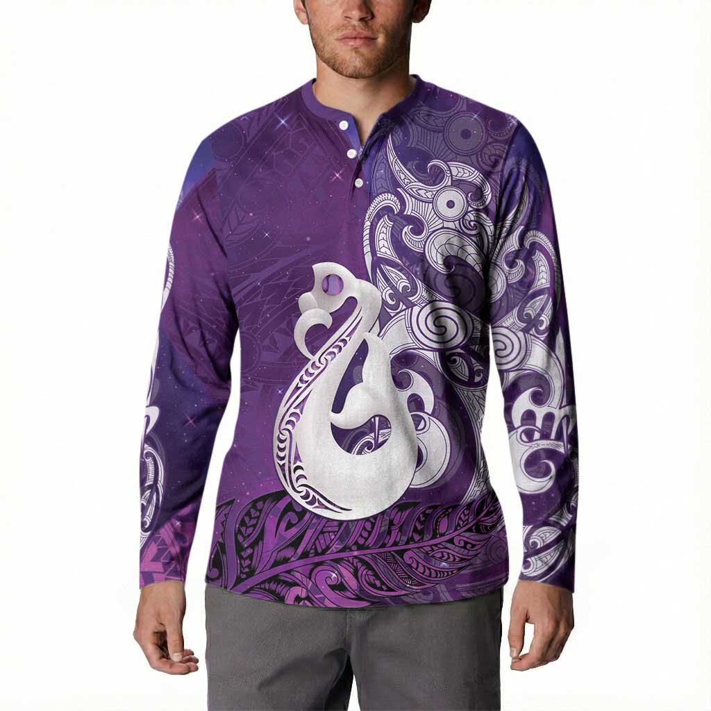 New Zealand Matariki Button Sweatshirt Maori Manaia Galaxy Silver Fern Purple Color LT22 - Polynesian Pride