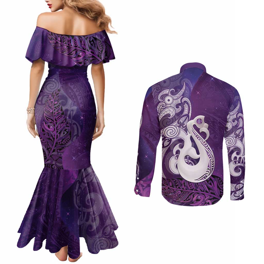 New Zealand Matariki Couples Matching Mermaid Dress and Long Sleeve Button Shirt Maori Manaia Galaxy Silver Fern Purple Color