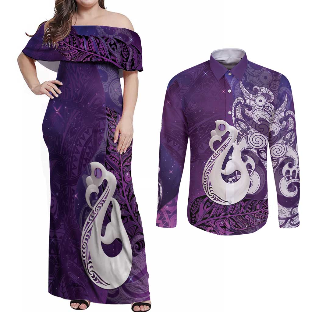 New Zealand Matariki Couples Matching Off Shoulder Maxi Dress and Long Sleeve Button Shirt Maori Manaia Galaxy Silver Fern Purple Color