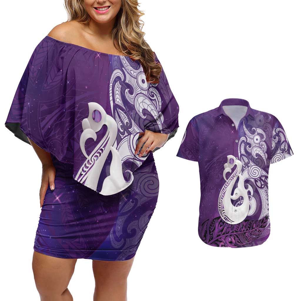 New Zealand Matariki Couples Matching Off Shoulder Short Dress and Hawaiian Shirt Maori Manaia Galaxy Silver Fern Purple Color LT22 Purple - Polynesian Pride