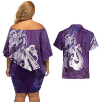 New Zealand Matariki Couples Matching Off Shoulder Short Dress and Hawaiian Shirt Maori Manaia Galaxy Silver Fern Purple Color