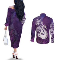 New Zealand Matariki Couples Matching Off The Shoulder Long Sleeve Dress and Long Sleeve Button Shirt Maori Manaia Galaxy Silver Fern Purple Color