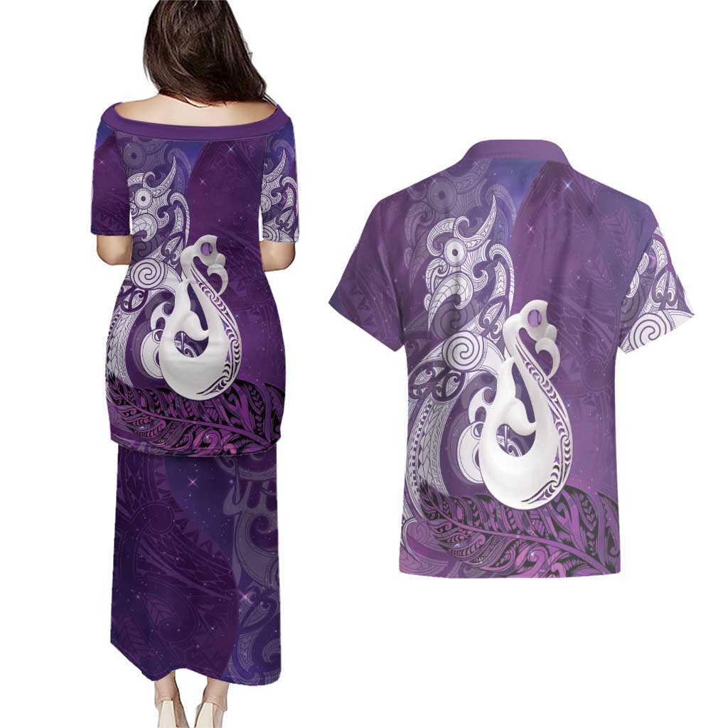 New Zealand Matariki Couples Matching Puletasi and Hawaiian Shirt Maori Manaia Galaxy Silver Fern Purple Color