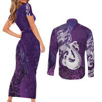 New Zealand Matariki Couples Matching Short Sleeve Bodycon Dress and Long Sleeve Button Shirt Maori Manaia Galaxy Silver Fern Purple Color