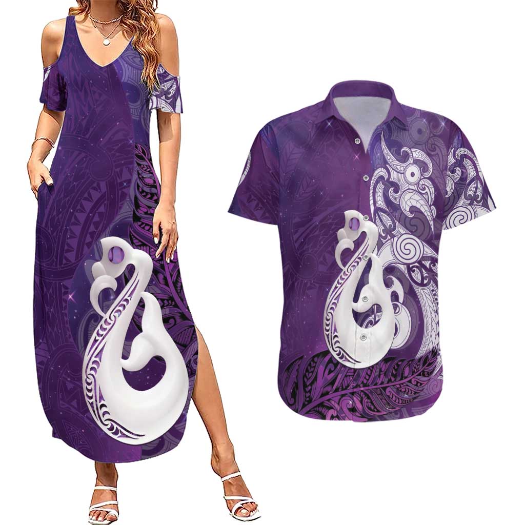 New Zealand Matariki Couples Matching Summer Maxi Dress and Hawaiian Shirt Maori Manaia Galaxy Silver Fern Purple Color LT22 Purple - Polynesian Pride