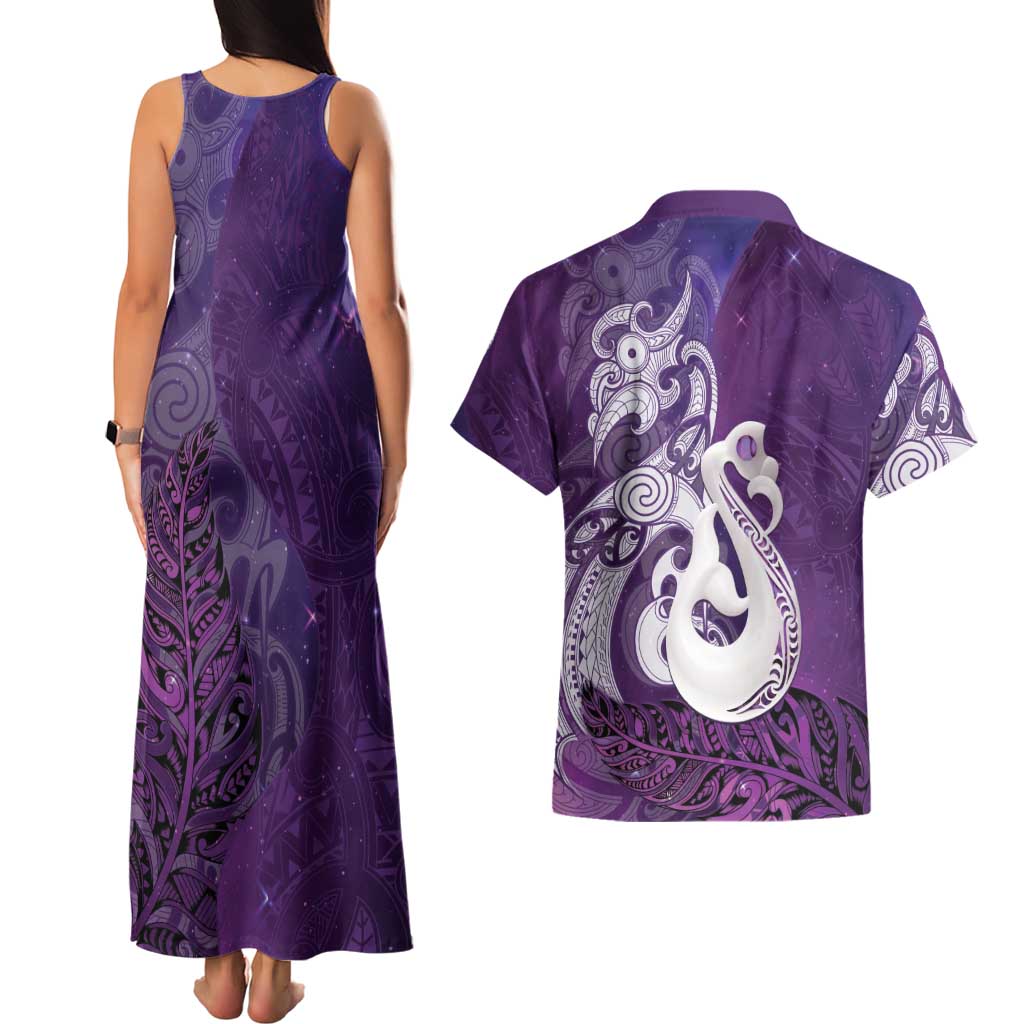 New Zealand Matariki Couples Matching Tank Maxi Dress and Hawaiian Shirt Maori Manaia Galaxy Silver Fern Purple Color
