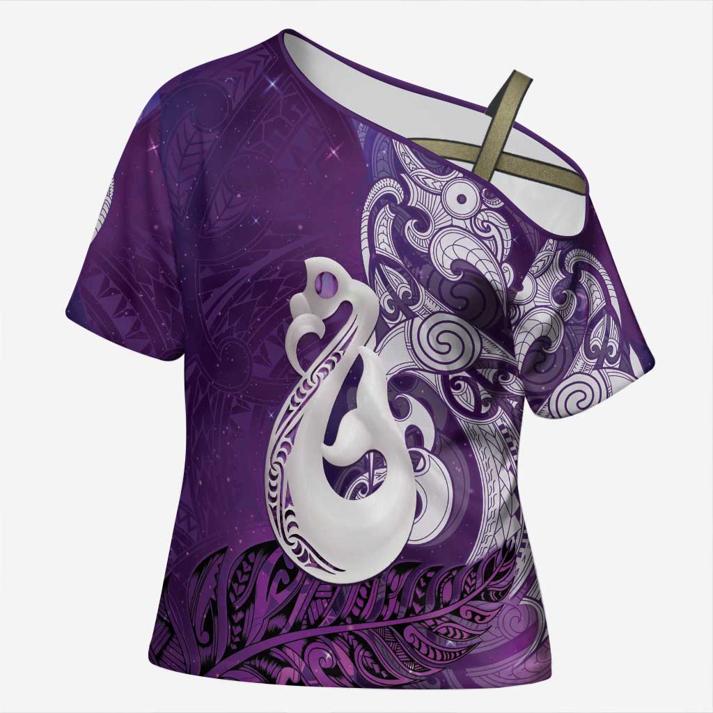 New Zealand Matariki Cross Shoulder Shirt Maori Manaia Galaxy Silver Fern Purple Color LT22 Female Purple - Polynesian Pride