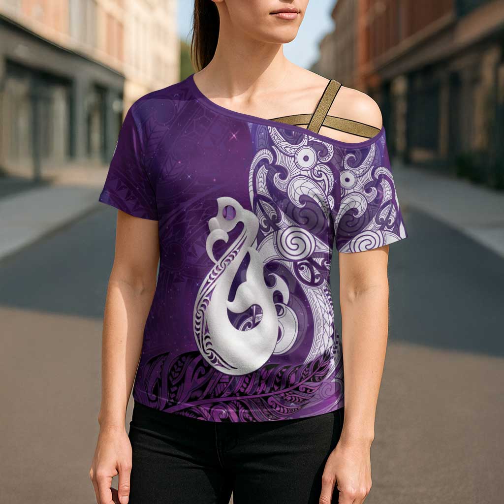 New Zealand Matariki Cross Shoulder Shirt Maori Manaia Galaxy Silver Fern Purple Color
