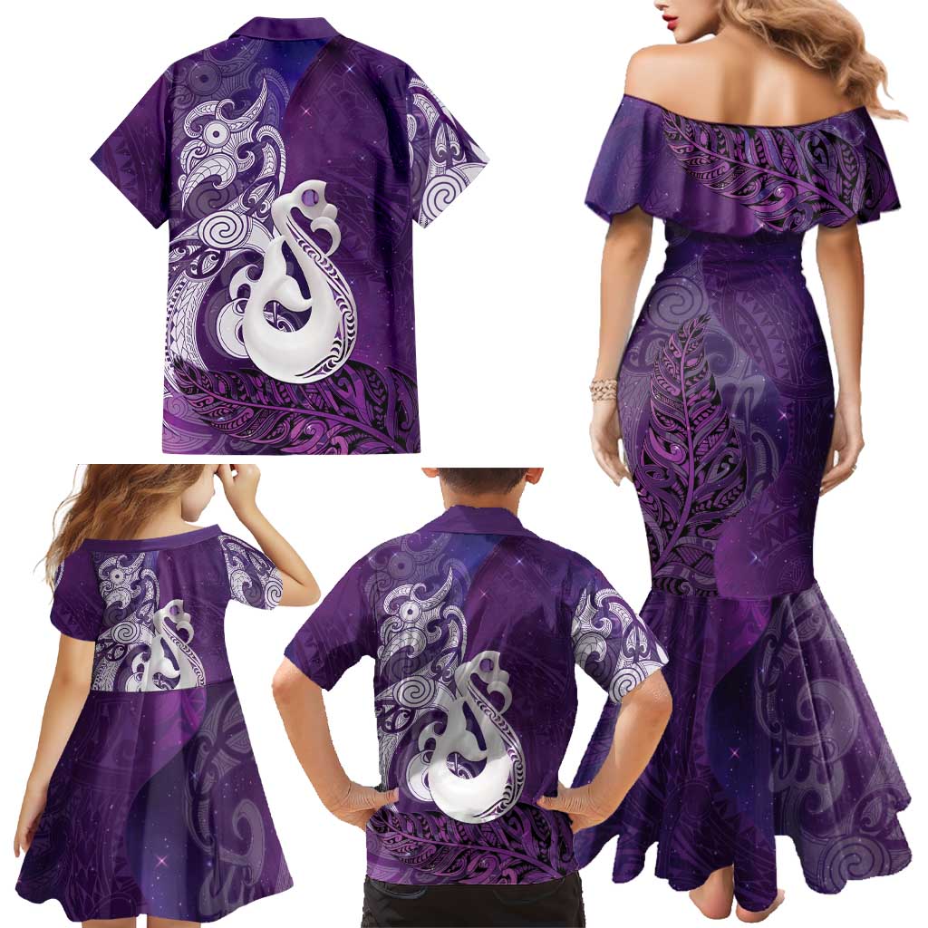New Zealand Matariki Family Matching Mermaid Dress and Hawaiian Shirt Maori Manaia Galaxy Silver Fern Purple Color