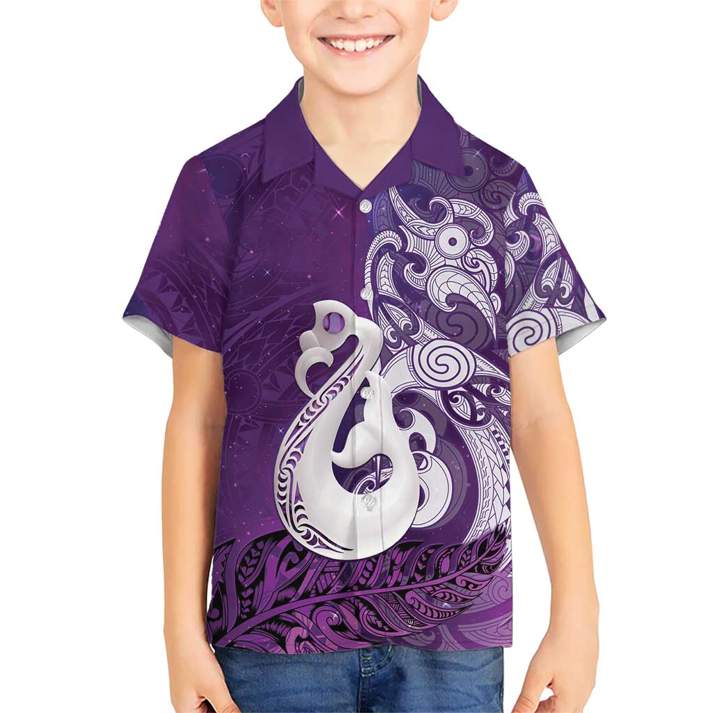 New Zealand Matariki Family Matching Mermaid Dress and Hawaiian Shirt Maori Manaia Galaxy Silver Fern Purple Color
