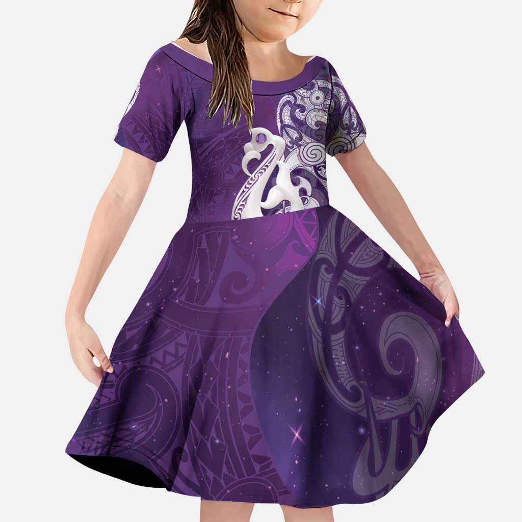 New Zealand Matariki Family Matching Off Shoulder Maxi Dress and Hawaiian Shirt Maori Manaia Galaxy Silver Fern Purple Color