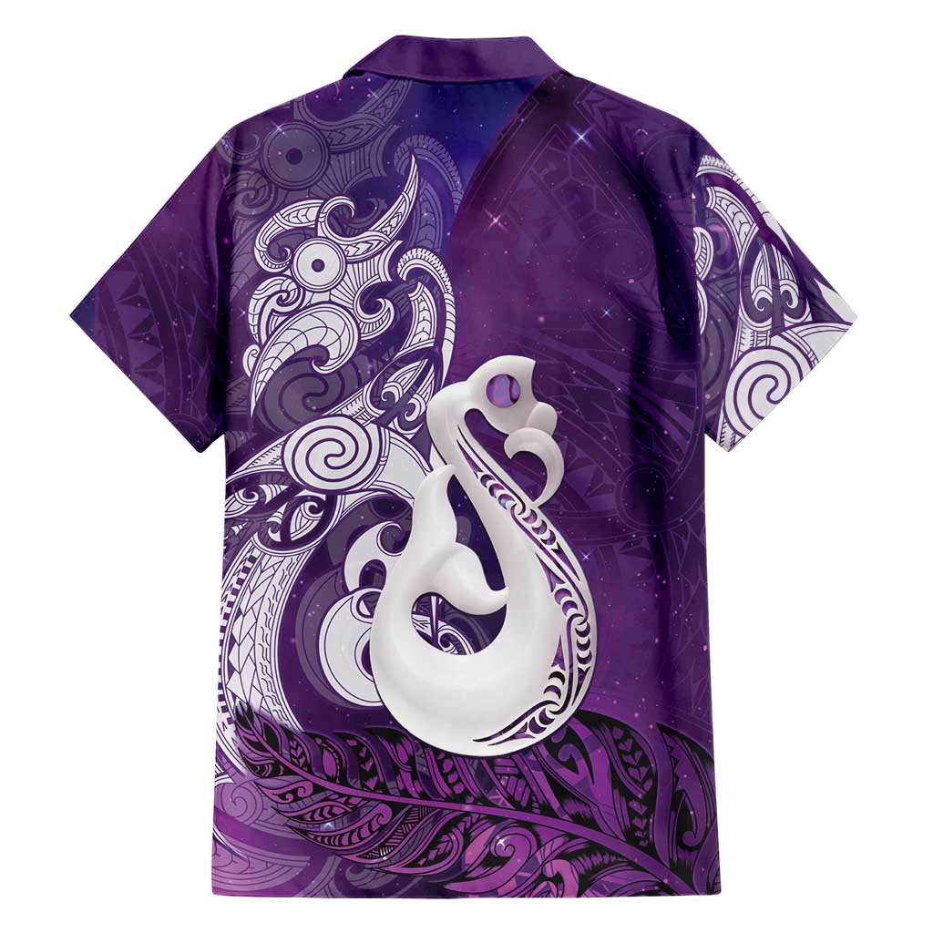 New Zealand Matariki Family Matching Off Shoulder Maxi Dress and Hawaiian Shirt Maori Manaia Galaxy Silver Fern Purple Color