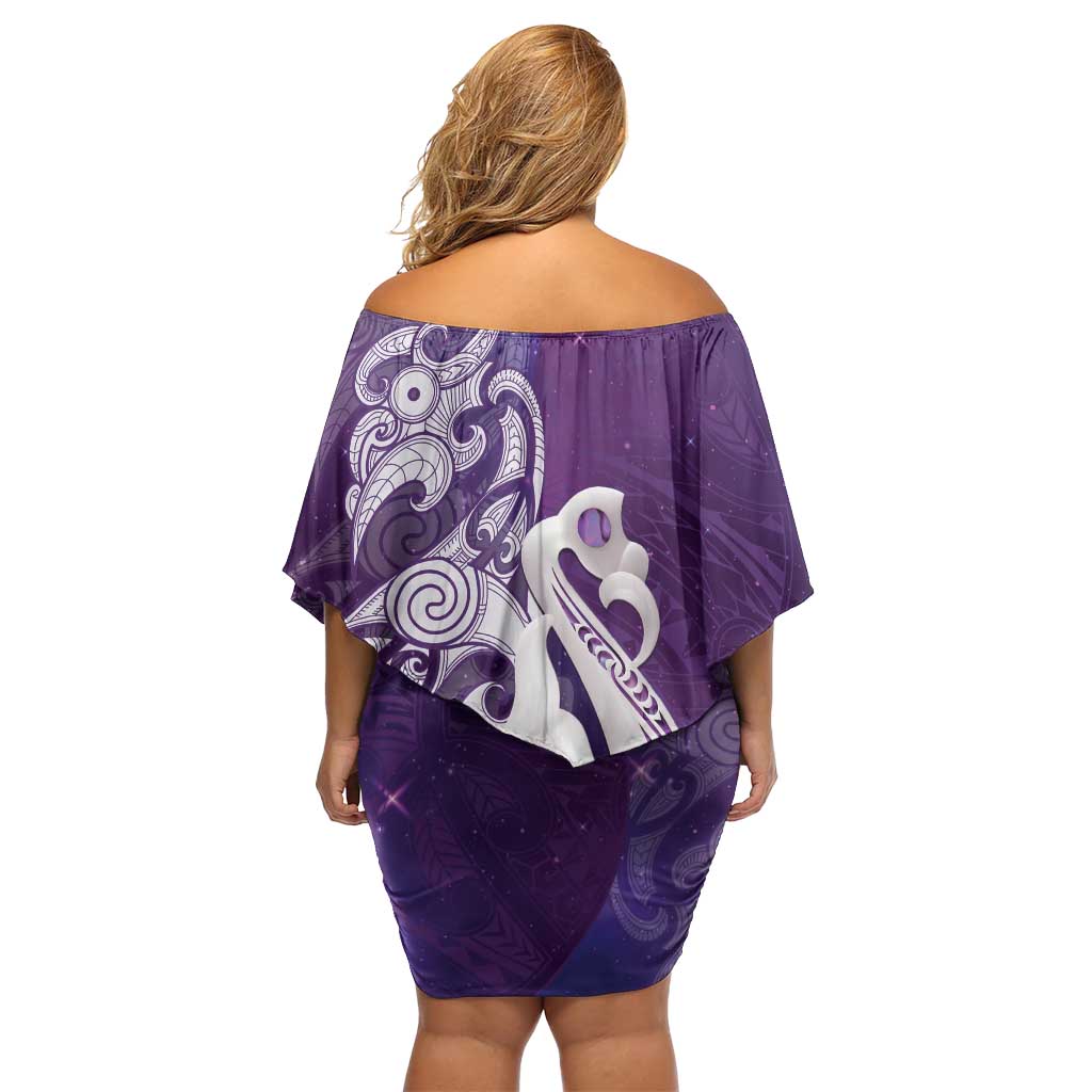 New Zealand Matariki Family Matching Off Shoulder Short Dress and Hawaiian Shirt Maori Manaia Galaxy Silver Fern Purple Color