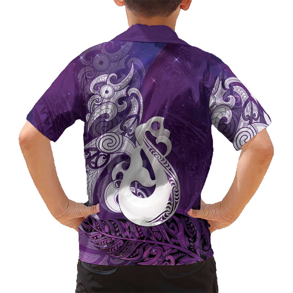 New Zealand Matariki Family Matching Short Sleeve Bodycon Dress and Hawaiian Shirt Maori Manaia Galaxy Silver Fern Purple Color