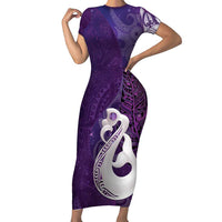 New Zealand Matariki Family Matching Short Sleeve Bodycon Dress and Hawaiian Shirt Maori Manaia Galaxy Silver Fern Purple Color