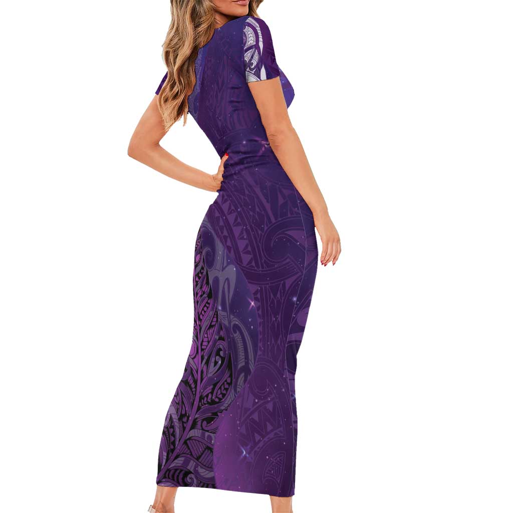 New Zealand Matariki Family Matching Short Sleeve Bodycon Dress and Hawaiian Shirt Maori Manaia Galaxy Silver Fern Purple Color