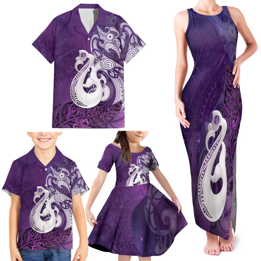 New Zealand Matariki Family Matching Tank Maxi Dress and Hawaiian Shirt Maori Manaia Galaxy Silver Fern Purple Color