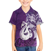 New Zealand Matariki Family Matching Tank Maxi Dress and Hawaiian Shirt Maori Manaia Galaxy Silver Fern Purple Color