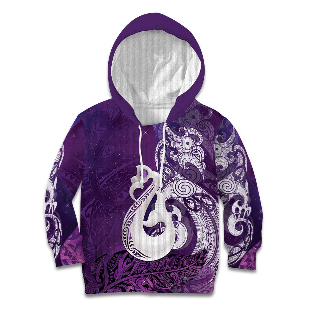 New Zealand Matariki Kid Hoodie Maori Manaia Galaxy Silver Fern Purple Color