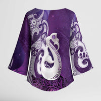 New Zealand Matariki Kimono Sleeve Blouse Maori Manaia Galaxy Silver Fern Purple Color