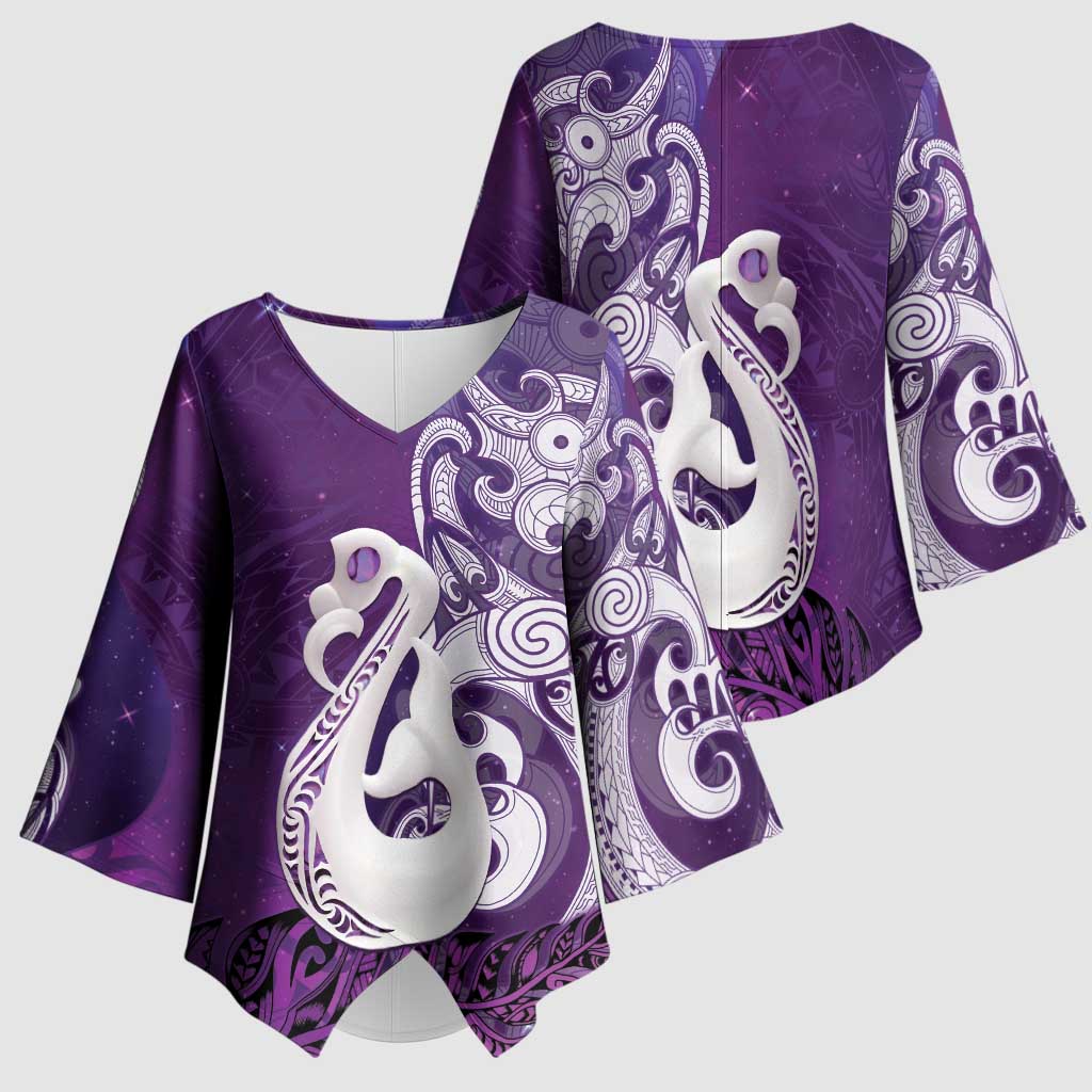 New Zealand Matariki Kimono Sleeve Blouse Maori Manaia Galaxy Silver Fern Purple Color