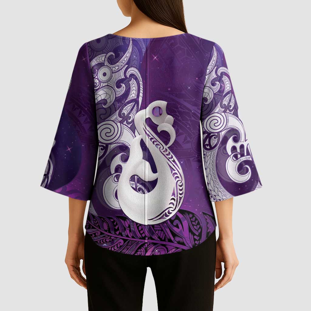 New Zealand Matariki Kimono Sleeve Blouse Maori Manaia Galaxy Silver Fern Purple Color