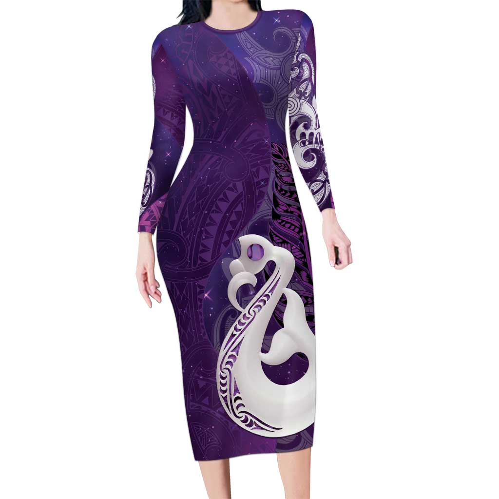 New Zealand Matariki Long Sleeve Bodycon Dress Maori Manaia Galaxy Silver Fern Purple Color LT22 Long Dress Purple - Polynesian Pride