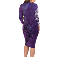 New Zealand Matariki Long Sleeve Bodycon Dress Maori Manaia Galaxy Silver Fern Purple Color