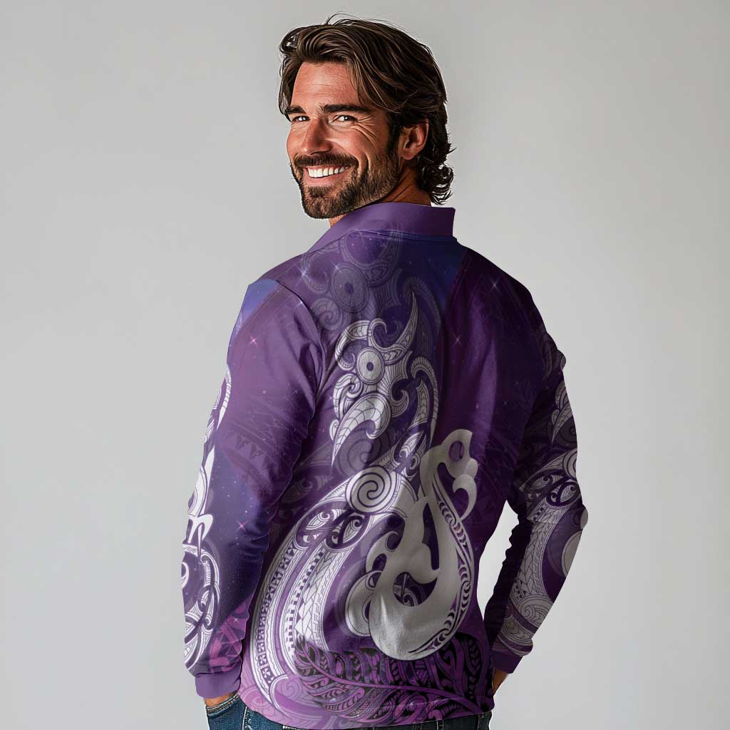 New Zealand Matariki Long Sleeve Polo Shirt Maori Manaia Galaxy Silver Fern Purple Color