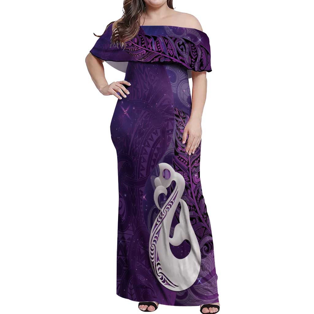 New Zealand Matariki Off Shoulder Maxi Dress Maori Manaia Galaxy Silver Fern Purple Color