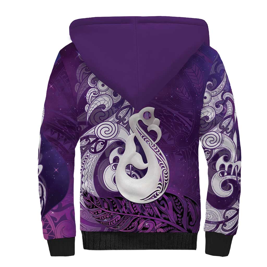 New Zealand Matariki Sherpa Hoodie Maori Manaia Galaxy Silver Fern Purple Color
