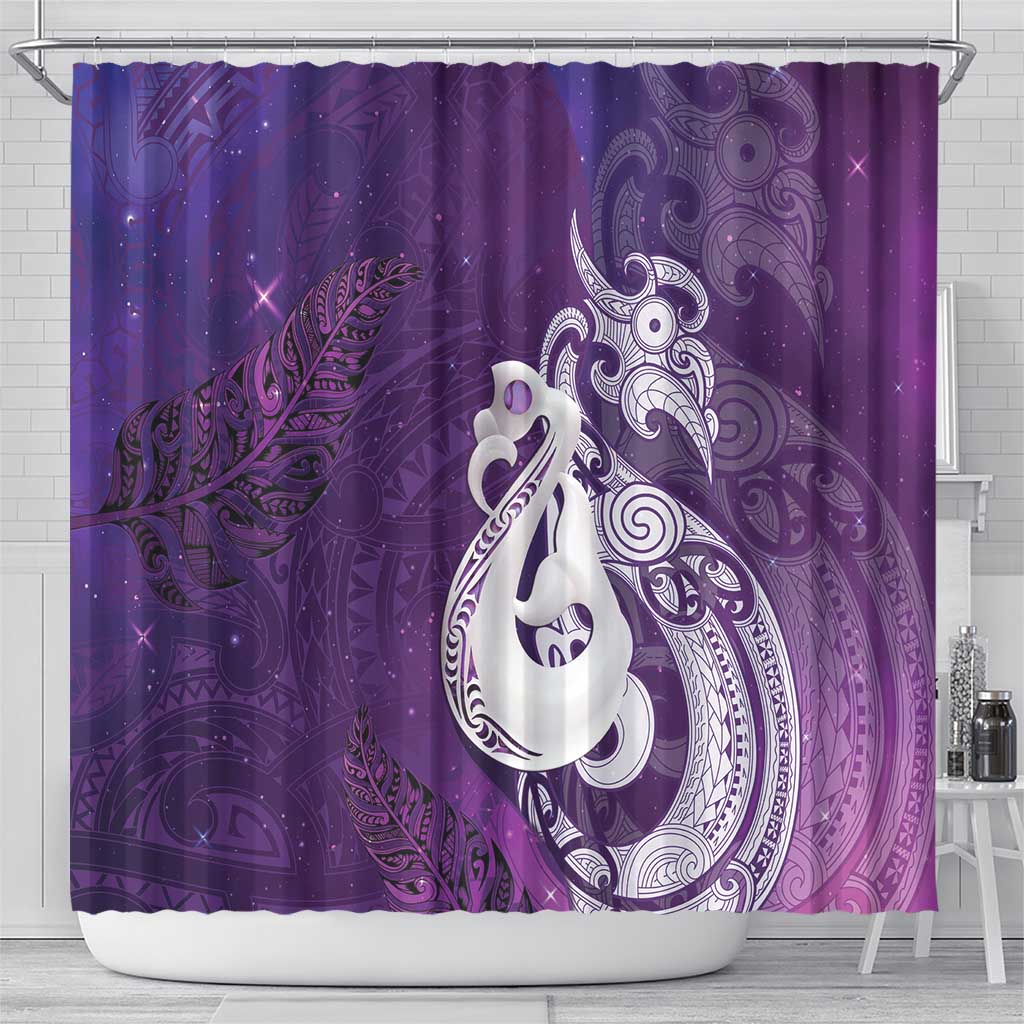 New Zealand Matariki Shower Curtain Maori Manaia Galaxy Silver Fern Purple Color