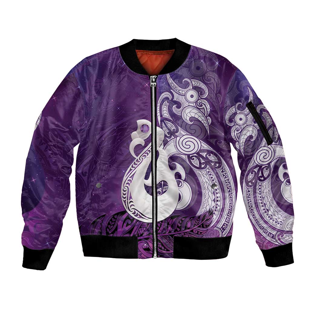 New Zealand Matariki Sleeve Zip Bomber Jacket Maori Manaia Galaxy Silver Fern Purple Color LT22 Unisex Purple - Polynesian Pride