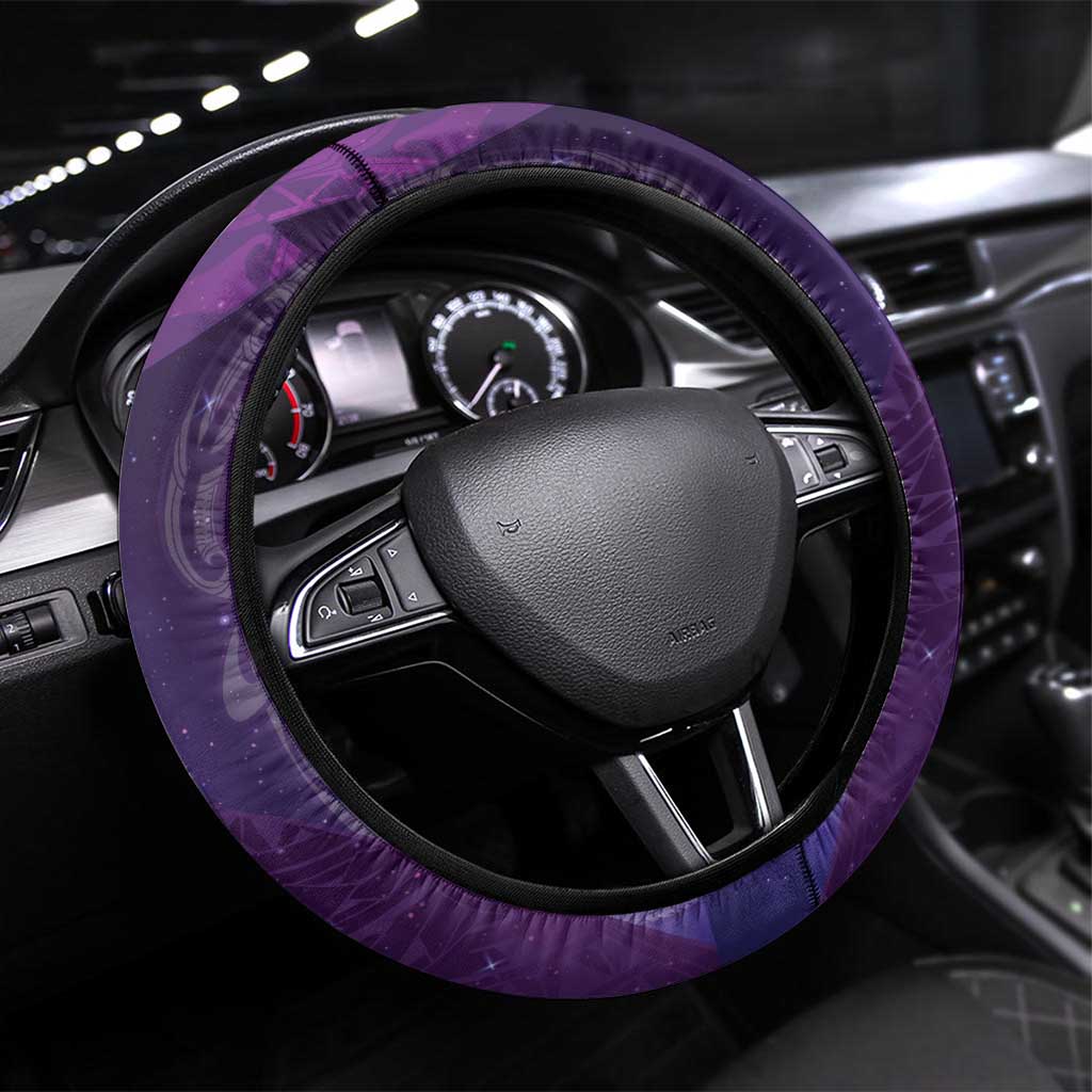 New Zealand Matariki Steering Wheel Cover Maori Manaia Galaxy Silver Fern Purple Color LT22 Universal Fit Purple - Polynesian Pride