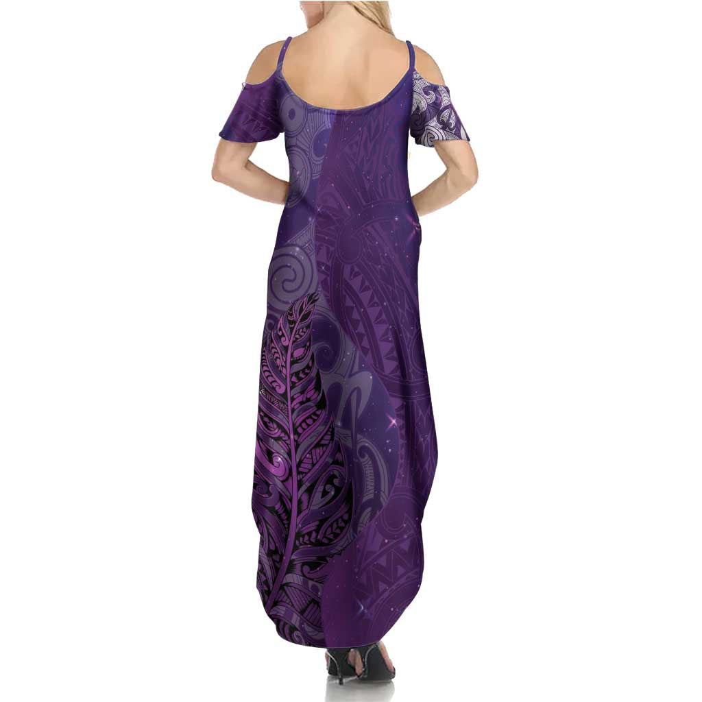 New Zealand Matariki Summer Maxi Dress Maori Manaia Galaxy Silver Fern Purple Color