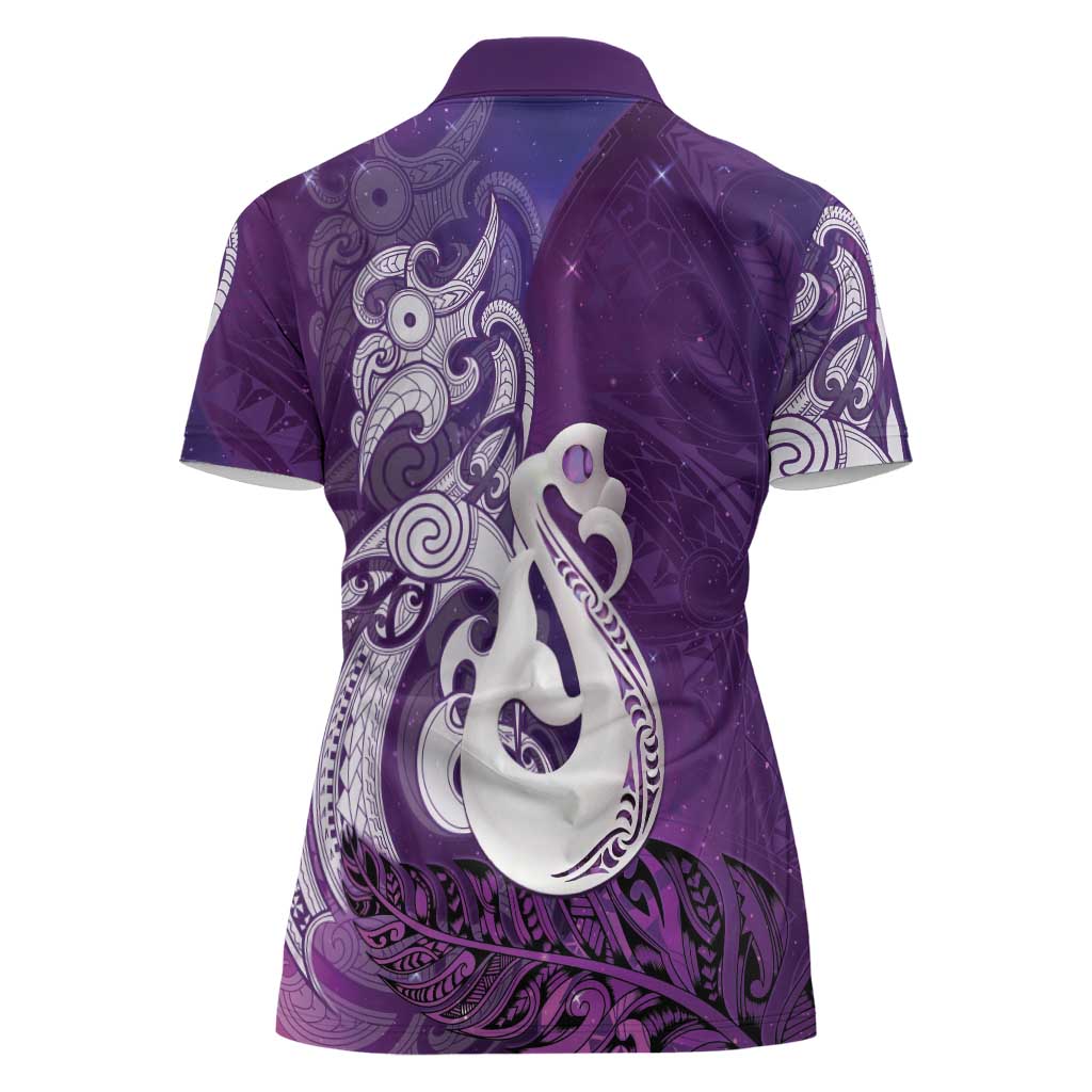 New Zealand Matariki Women Polo Shirt Maori Manaia Galaxy Silver Fern Purple Color