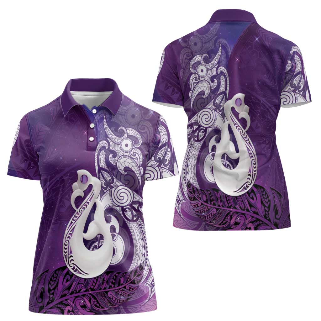 New Zealand Matariki Women Polo Shirt Maori Manaia Galaxy Silver Fern Purple Color