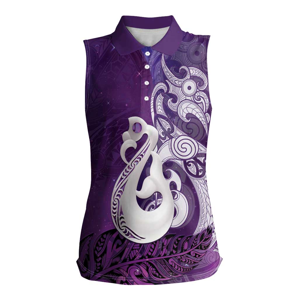 New Zealand Matariki Women Sleeveless Polo Shirt Maori Manaia Galaxy Silver Fern Purple Color
