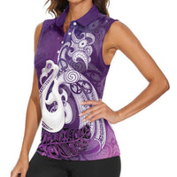 New Zealand Matariki Women Sleeveless Polo Shirt Maori Manaia Galaxy Silver Fern Purple Color