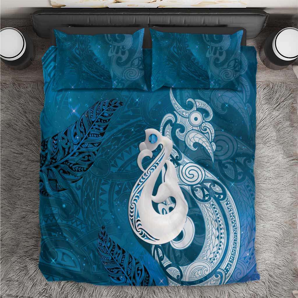 New Zealand Matariki Bedding Set Maori Manaia Galaxy Silver Fern Blue Color