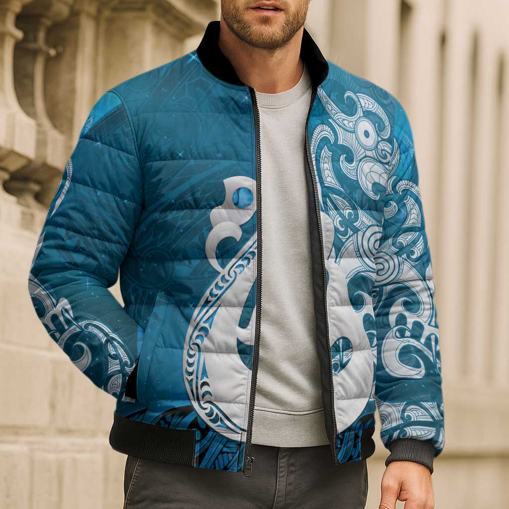 New Zealand Matariki Bomber Puffer Jacket Maori Manaia Galaxy Silver Fern Blue Color