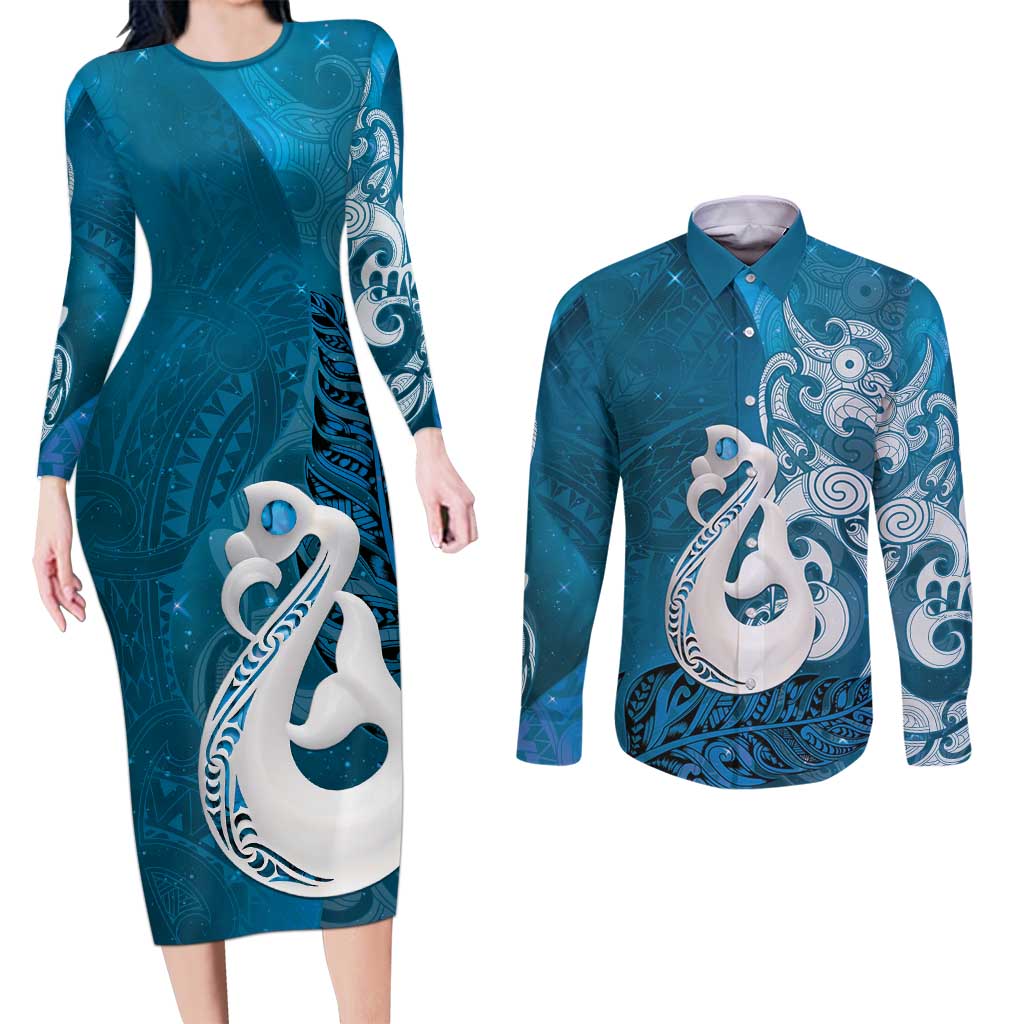 New Zealand Matariki Couples Matching Long Sleeve Bodycon Dress and Long Sleeve Button Shirt Maori Manaia Galaxy Silver Fern Blue Color