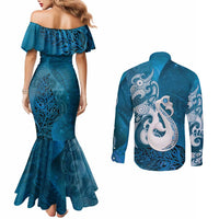 New Zealand Matariki Couples Matching Mermaid Dress and Long Sleeve Button Shirt Maori Manaia Galaxy Silver Fern Blue Color