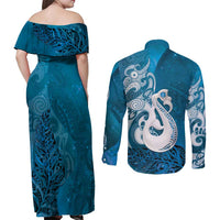 New Zealand Matariki Couples Matching Off Shoulder Maxi Dress and Long Sleeve Button Shirt Maori Manaia Galaxy Silver Fern Blue Color