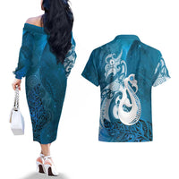New Zealand Matariki Couples Matching Off The Shoulder Long Sleeve Dress and Hawaiian Shirt Maori Manaia Galaxy Silver Fern Blue Color