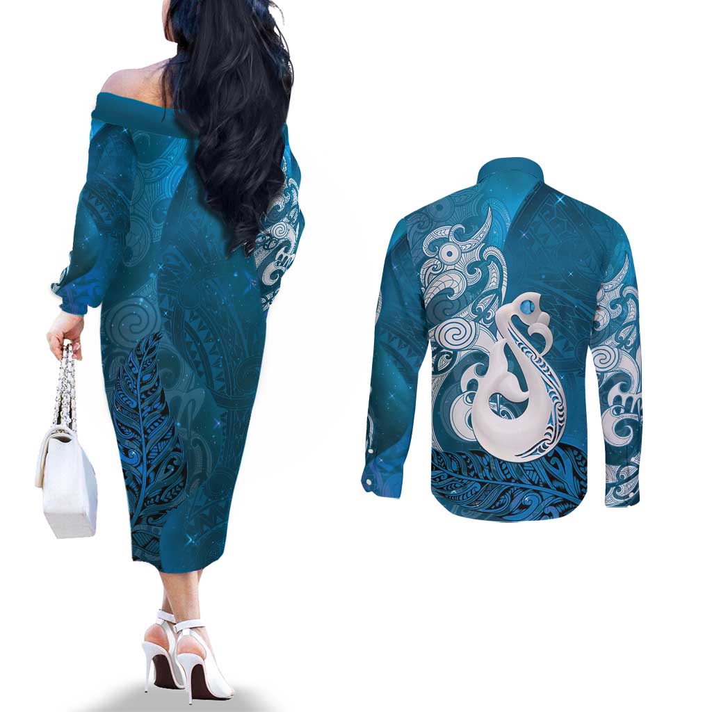 New Zealand Matariki Couples Matching Off The Shoulder Long Sleeve Dress and Long Sleeve Button Shirt Maori Manaia Galaxy Silver Fern Blue Color