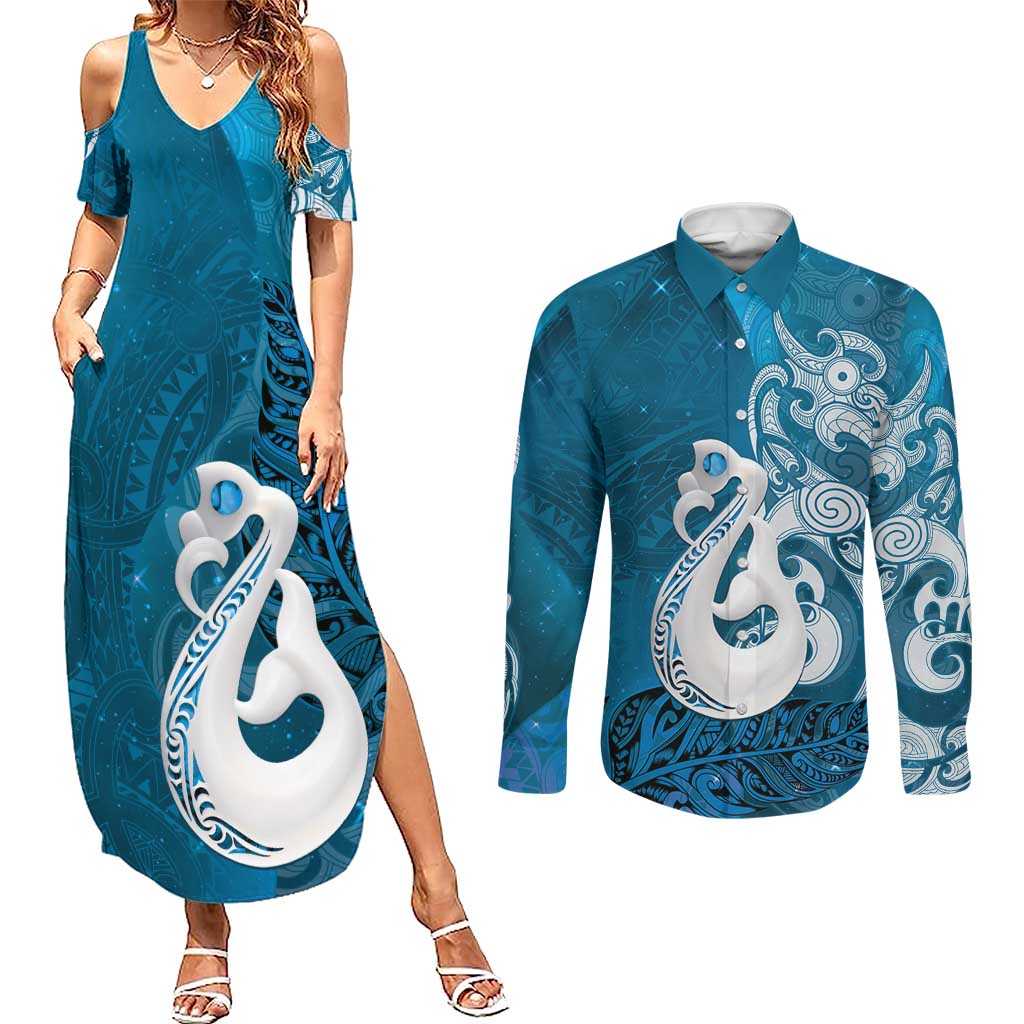 New Zealand Matariki Couples Matching Summer Maxi Dress and Long Sleeve Button Shirt Maori Manaia Galaxy Silver Fern Blue Color