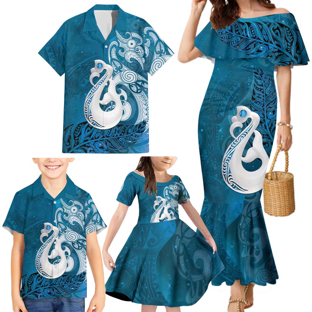 New Zealand Matariki Family Matching Mermaid Dress and Hawaiian Shirt Maori Manaia Galaxy Silver Fern Blue Color LT22 - Polynesian Pride