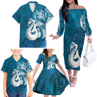 New Zealand Matariki Family Matching Off The Shoulder Long Sleeve Dress and Hawaiian Shirt Maori Manaia Galaxy Silver Fern Blue Color