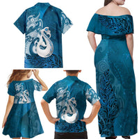 New Zealand Matariki Family Matching Off Shoulder Maxi Dress and Hawaiian Shirt Maori Manaia Galaxy Silver Fern Blue Color